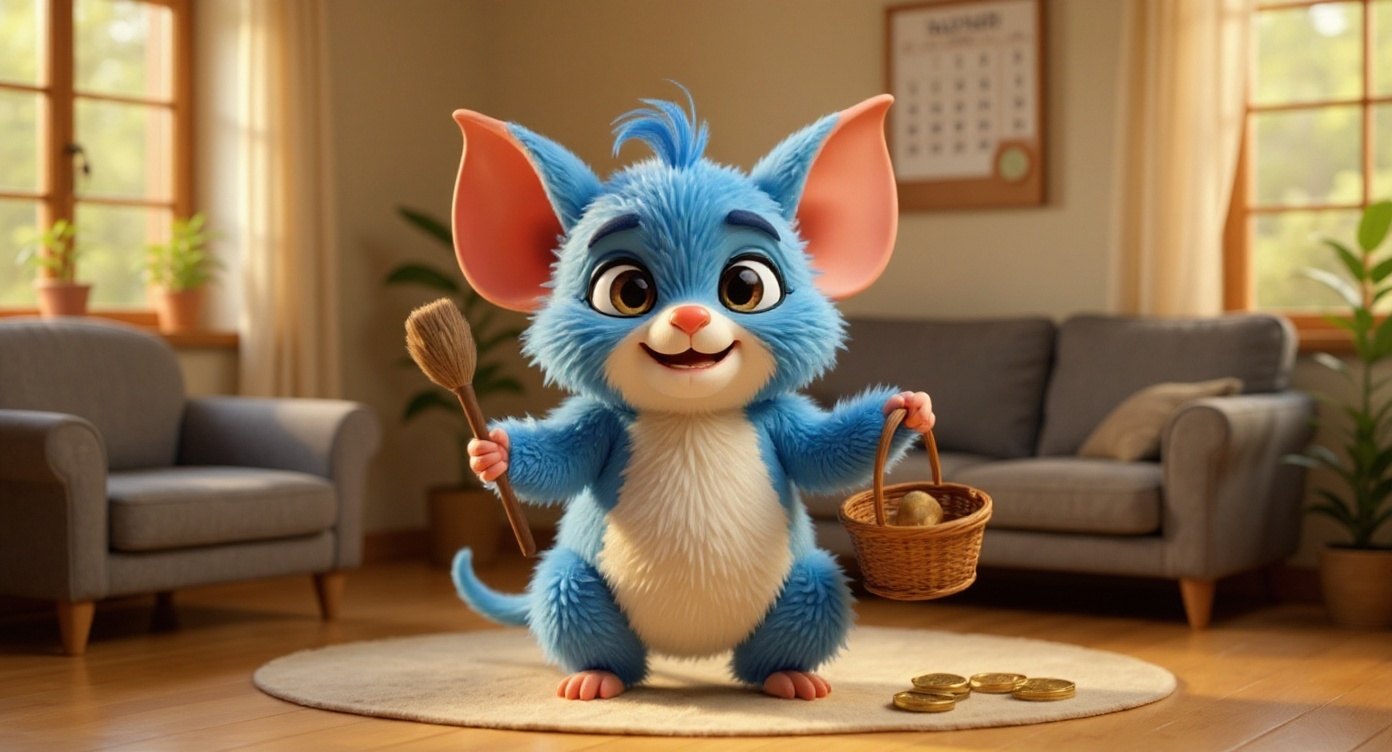 Tovvle the mascot juggling household tasks in a cozy home
